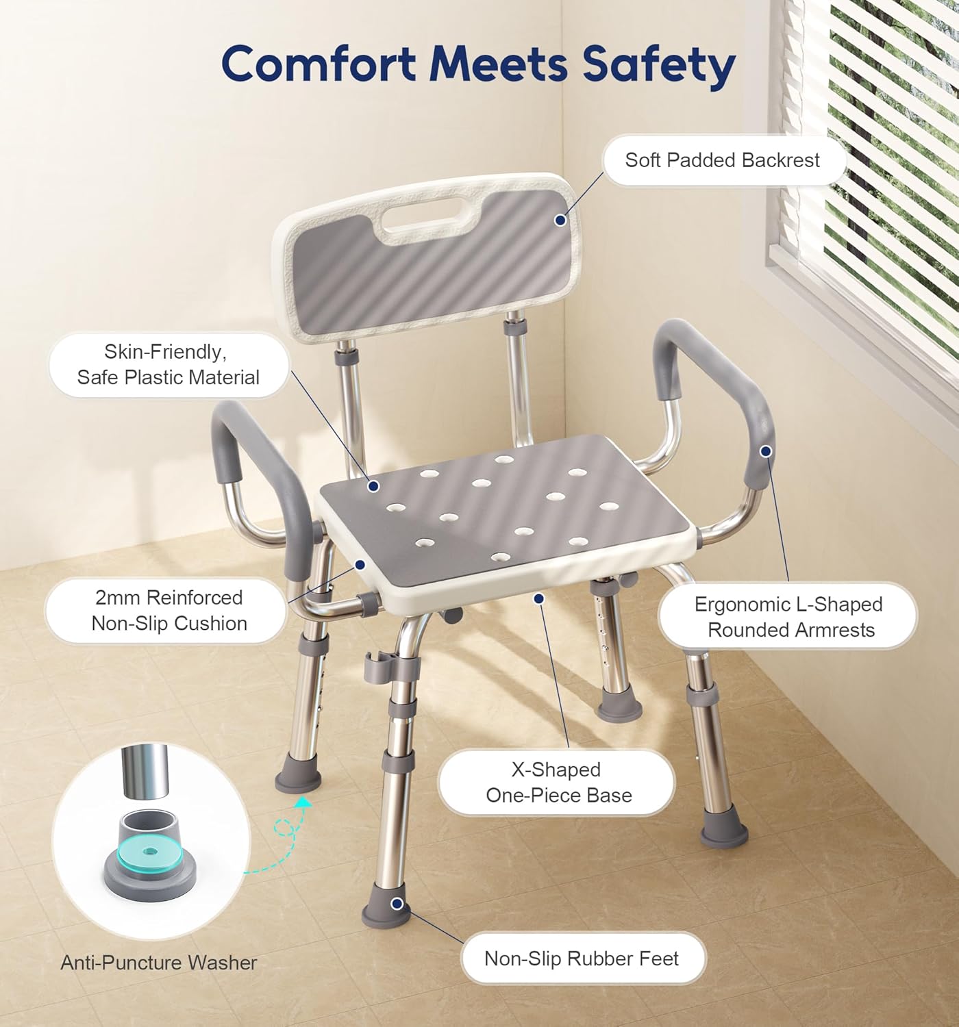 Shower Chair for Inside Shower with Arms and Back, 500lbs Capacity Height Adjustable Shower Seat with Thickened Frame