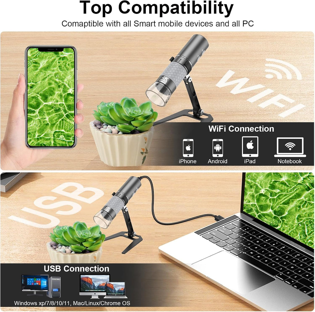 4K Digital Microscope for iPhone Android Phone and Windows Mac PC | 3840x2160p Wireless Handheld Microscope Camera