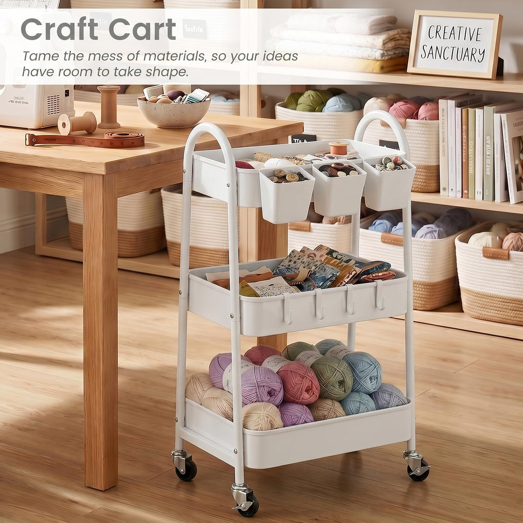 3-Tier Rolling Cart, Metal Storage Cart with Lockable Wheels