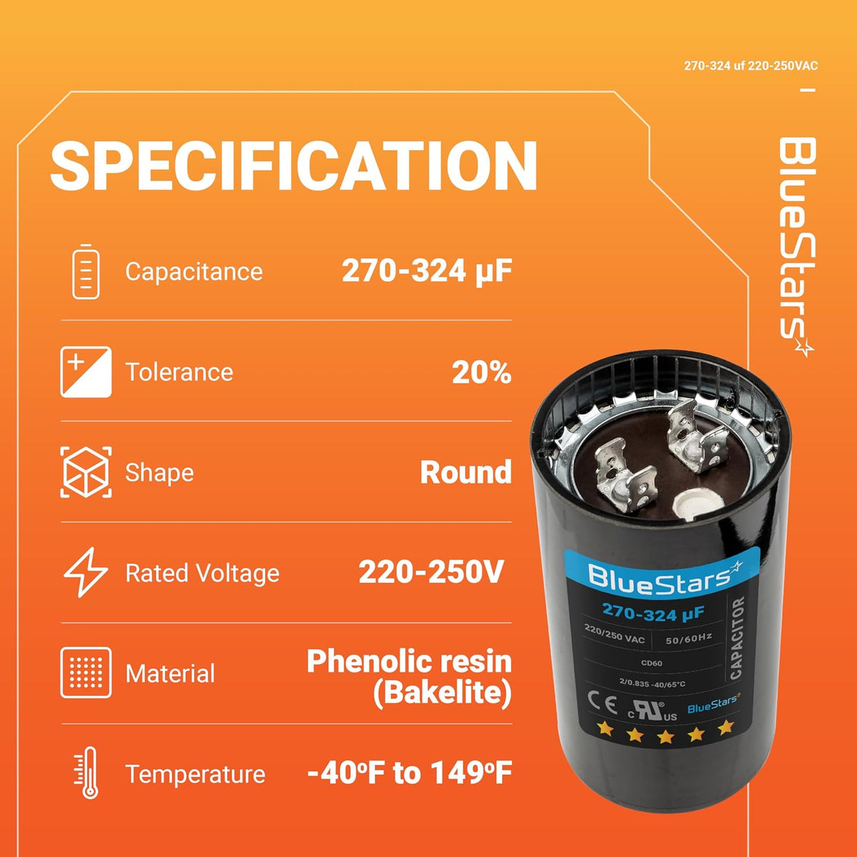 [2025 Upgraded] BlueStars 270-324 uF MFD 220-250 VAC Motor Start Capacitor