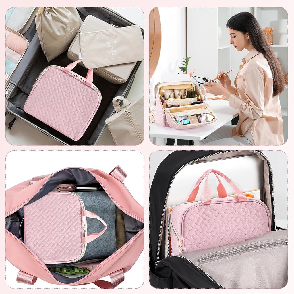Makeup Bag, Large Capacity with Room for Brushes and Mirror, Travel Makeup Organizer, Portable Standing Make Up Case