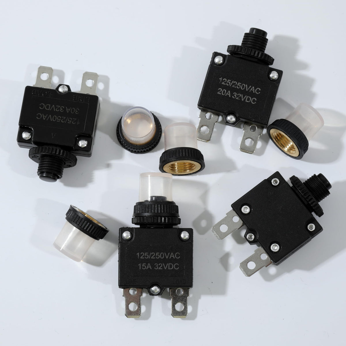 Tiwerlfe 5pcs Push Button Reset 5A 10A 15A 20A 30A Circuit Breakers with Automatic Reset 32VDC,AC125-250V with Quick Connect Terminals