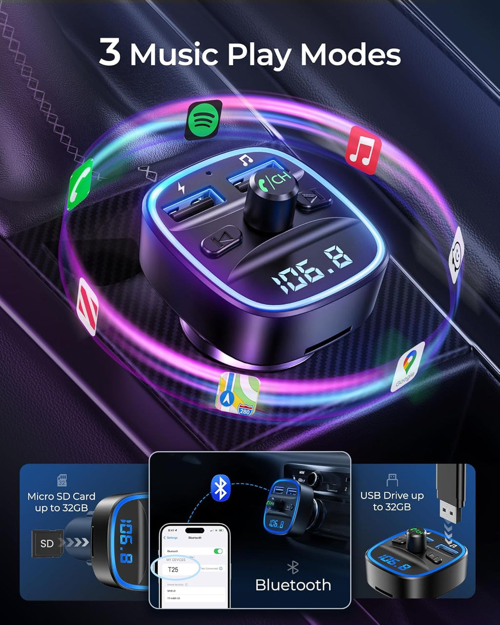 FM Transmitter, Bluetooth FM Transmitter Wireless Radio Adapter Car | Dual USB Charging, Audio Receiver Car Charger