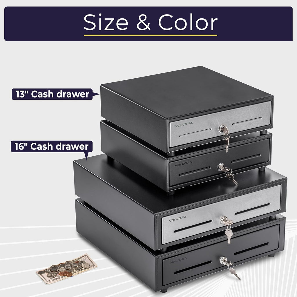 13" Manual Push Open Cash Register Drawer for Point of Sale (POS) System, Black Heavy Duty Till with 4 Bills and 5
