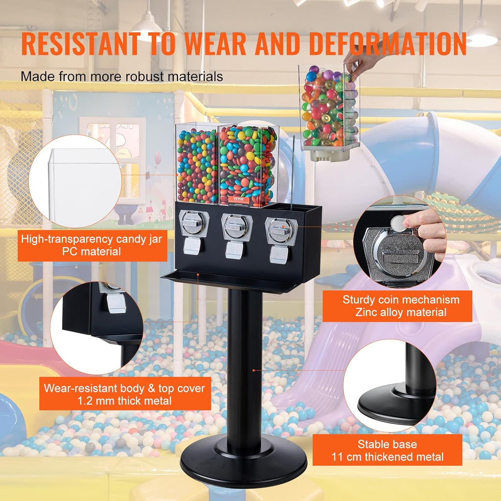 Commercial Vending Machine, Triple Compartment Candy Dispenser with Iron Stand, Gumball and Candy Machine for