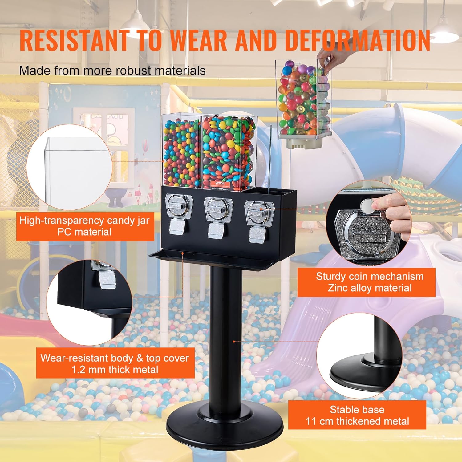 Commercial Vending Machine, Triple Compartment Candy Dispenser with Iron Stand, Gumball and Candy Machine for