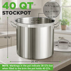 Stainless Steel Stock Pot with Lid 40 Qt | Non-Reactive 8/8 Interior Induction Pot with Even Heat Base | Compatible