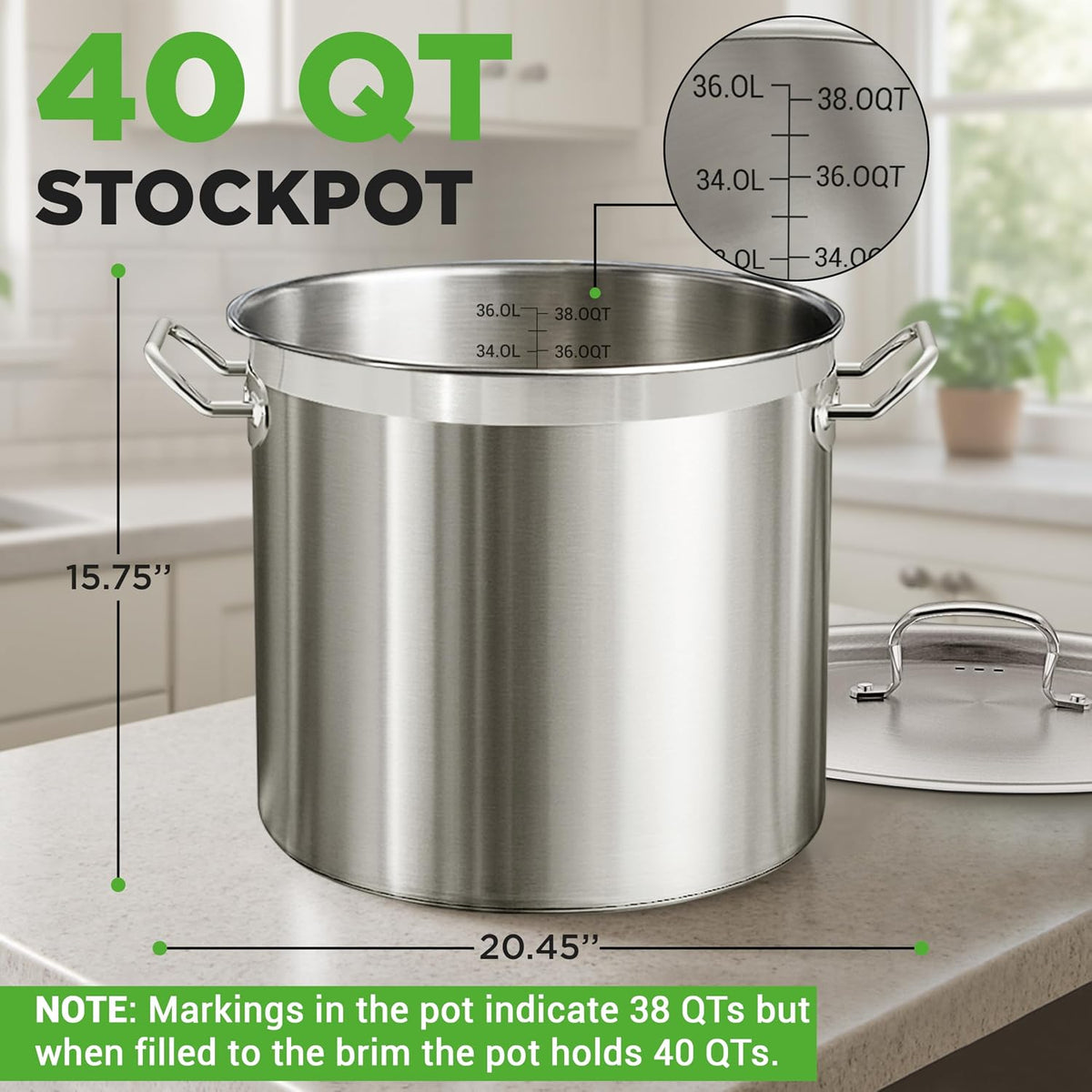 Stainless Steel Stock Pot with Lid 40 Qt | Non-Reactive 8/8 Interior Induction Pot with Even Heat Base | Compatible