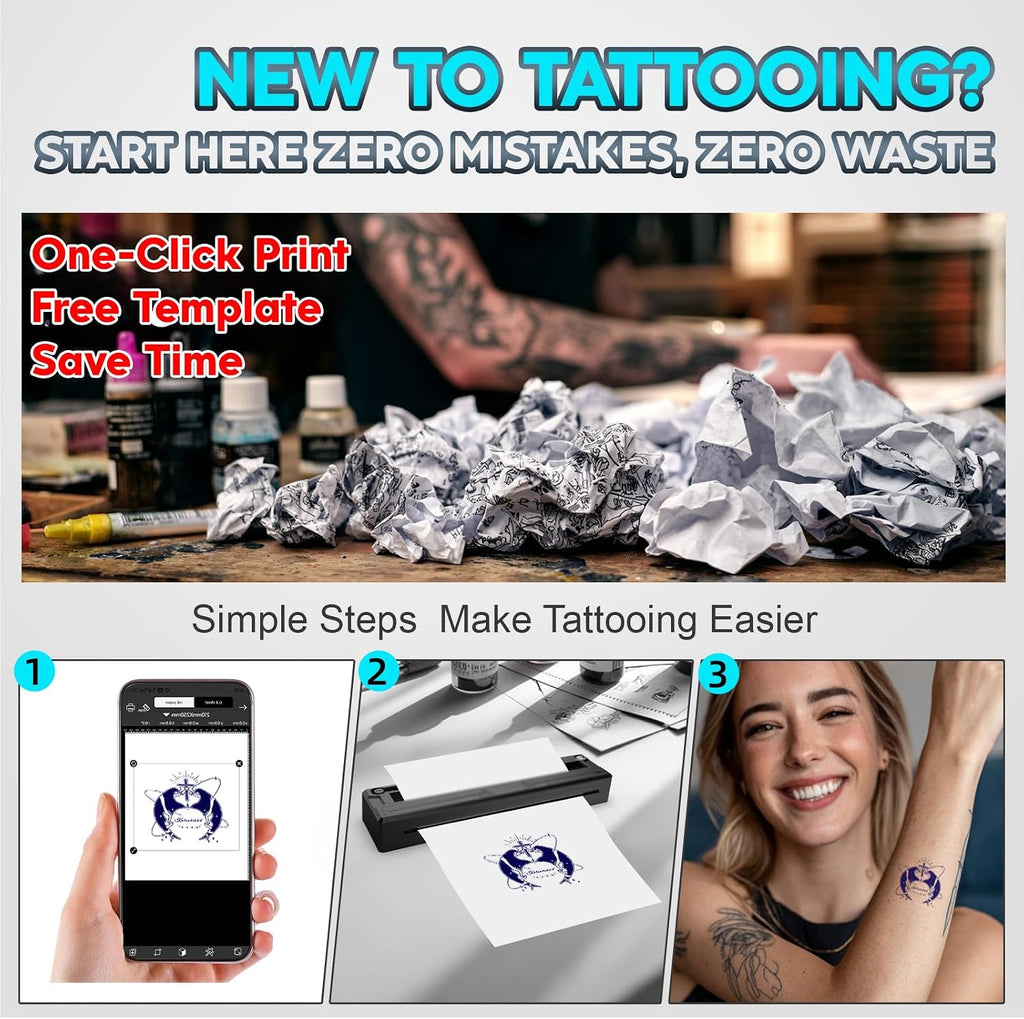 New Tattoo Stencil Printer - Fits A4-A8 Width Thermal Paper, Portable Wireless Bluetooth Thermal Tattoo Kit, Includes