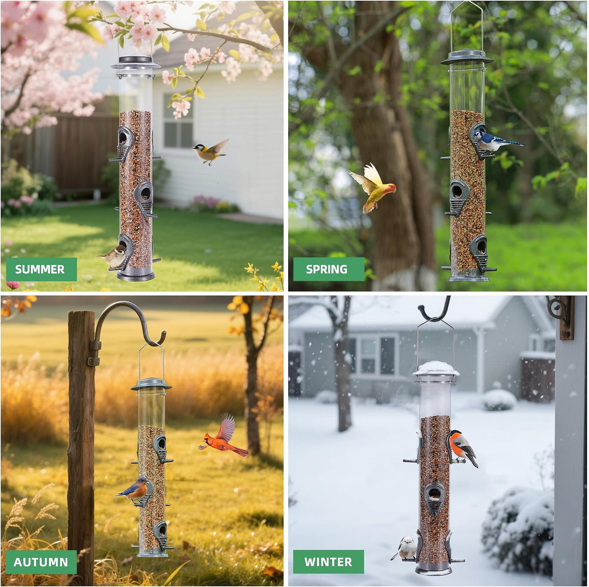 2PK Metal Bird Feeders with 6 Feeding Ports,Tube Bird Feeder with Steel Hanger,Hard Plastic Wild Bird Feeder for