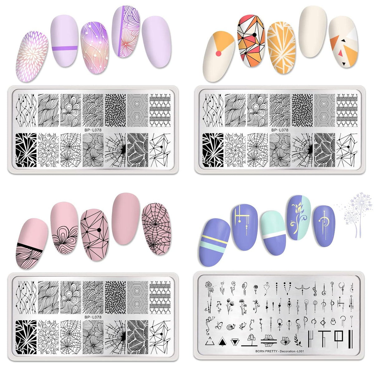 Nail Stamping Plates Set Plaid Flowers Leaves Lace