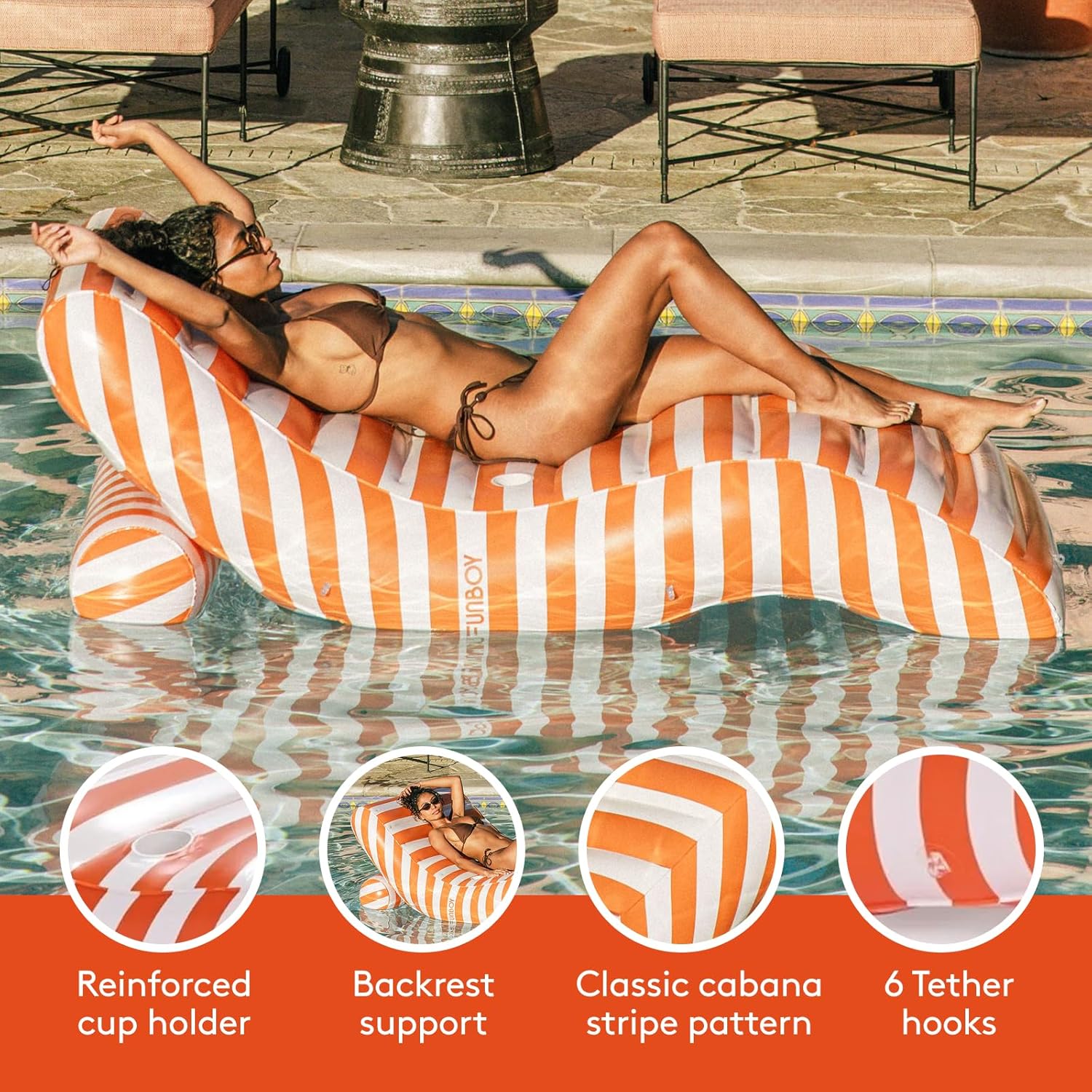 Giant Inflatable Luxury Orange & White Cabana Striped Chaise Lounger, Chair Pool Float for Adults, Perfect for a
