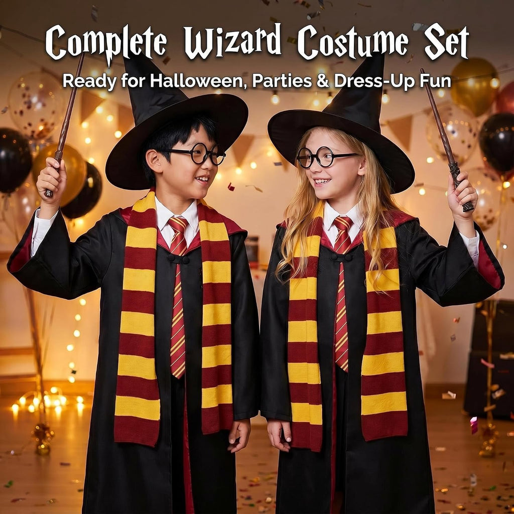 Wizard Costume for Kids 3-15, Wizard Robe Set with Wand, Tie, Scarf, Hat & Glasses, Halloween Cosplay Outfit