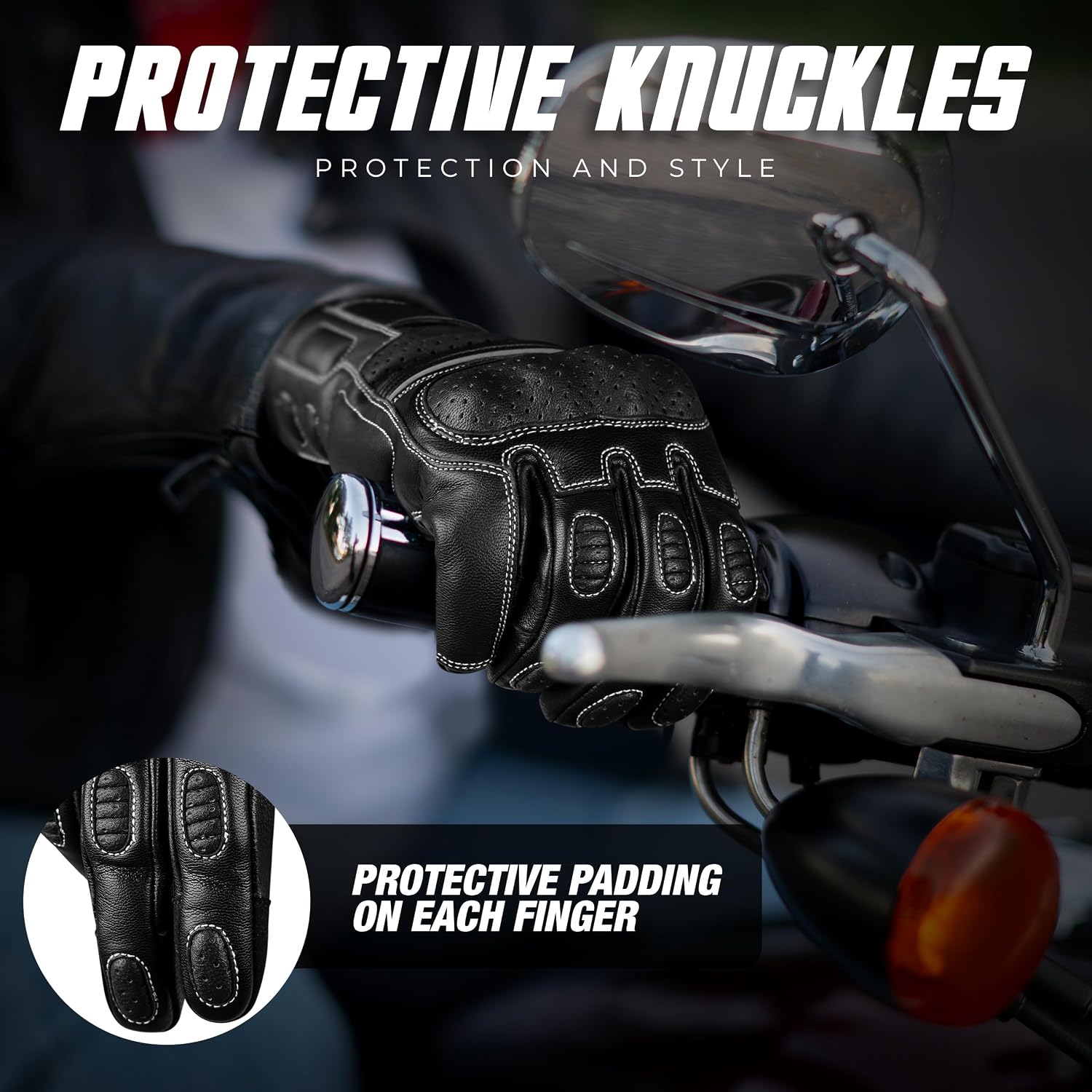 Motorcycle Gloves - Premium Leather Perforated Motorcycle Gloves for Men with Knuckle Protection | Touchscreen