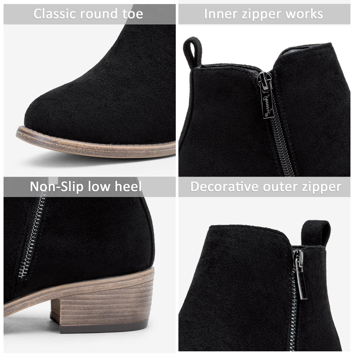 Women's Black Suede Round Toe Ankle Boots Low Heel, Size 8, 905