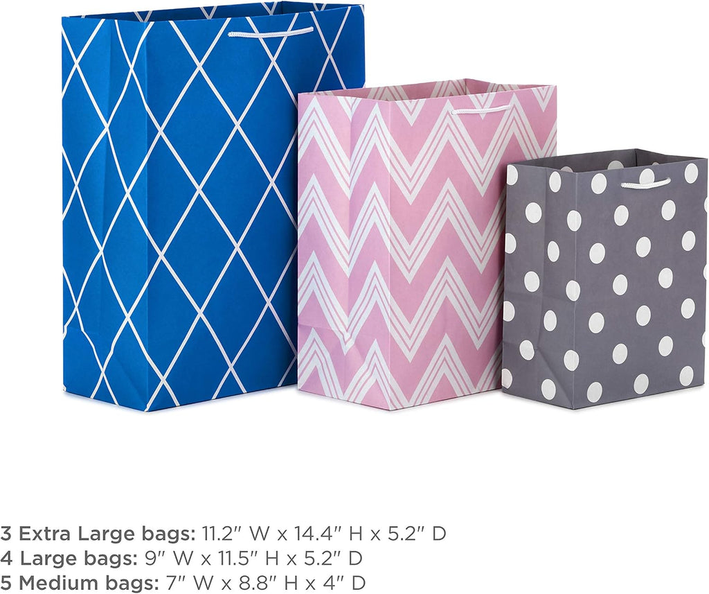 Gift Bags, 12-Pack, Assorted Sizes (Green, Blue, Pink, Grey)