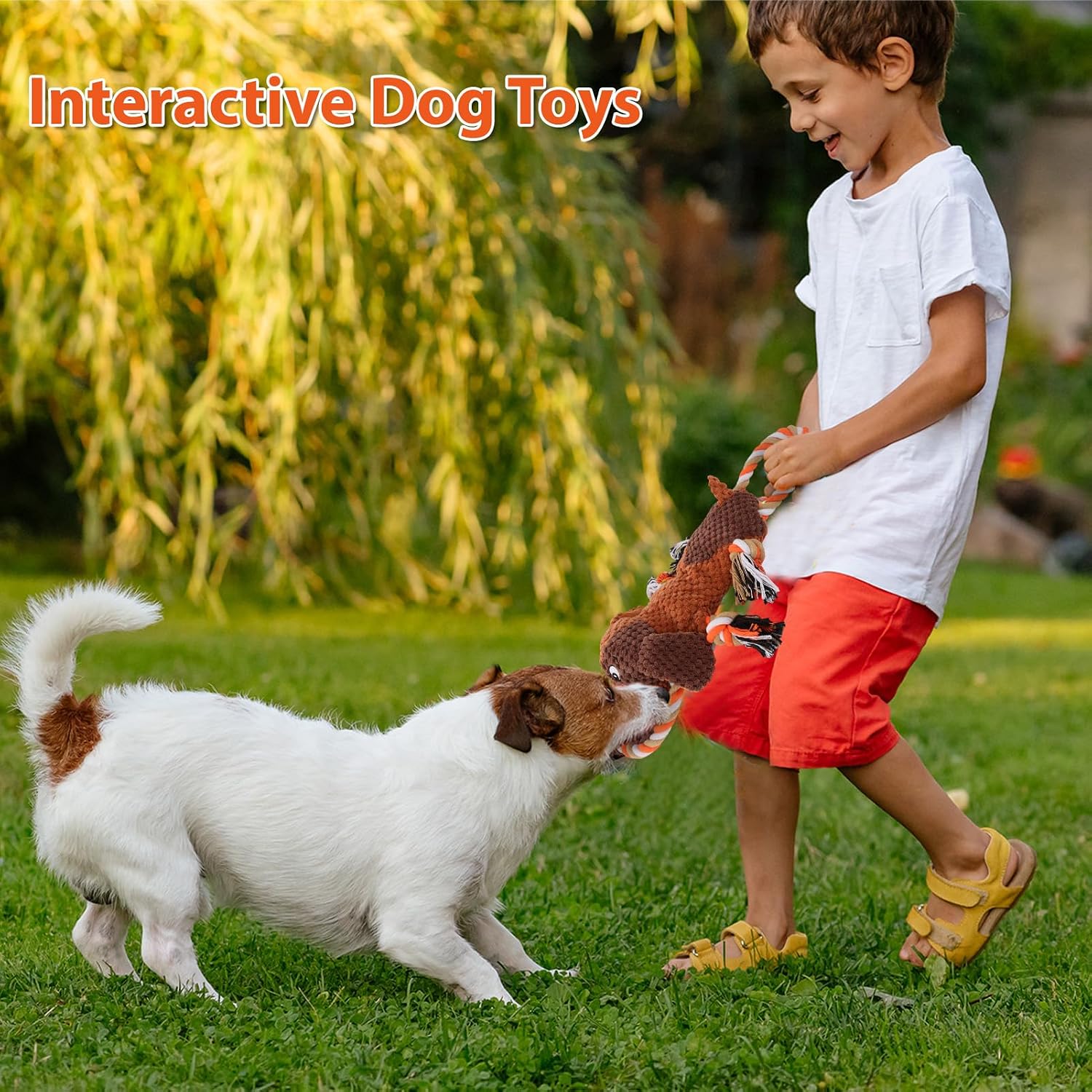 Interactive Dog Toys for Large Dogs - Durable Rope Tug of War Toy with Squeaker & Crinkle - Tough Plush Chew Toys for