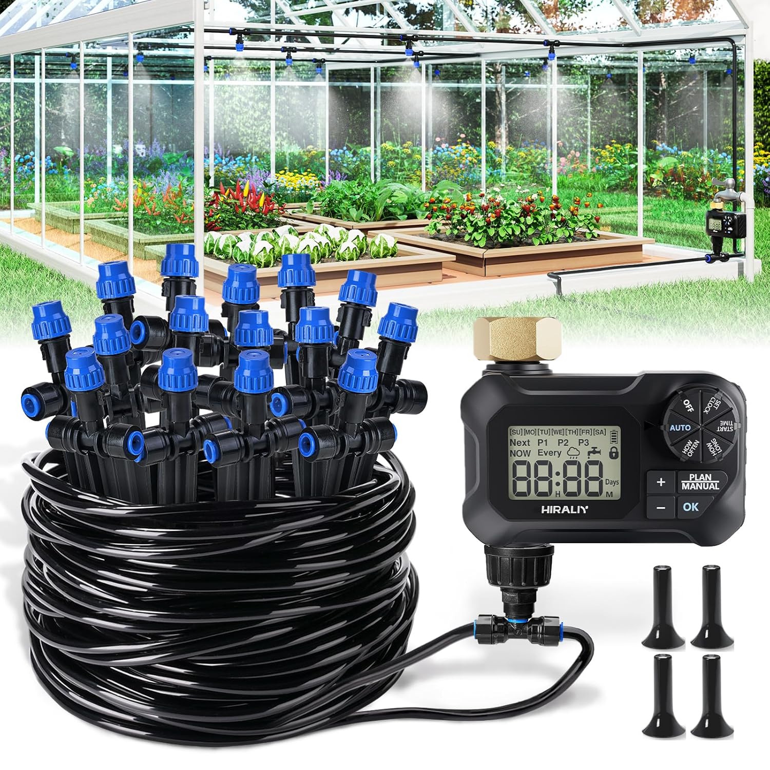 59FT Drip Irrigation Kit with Water Timer, Quick-Connect Garden Watering System with 15 Adjustable Misting Nozzles