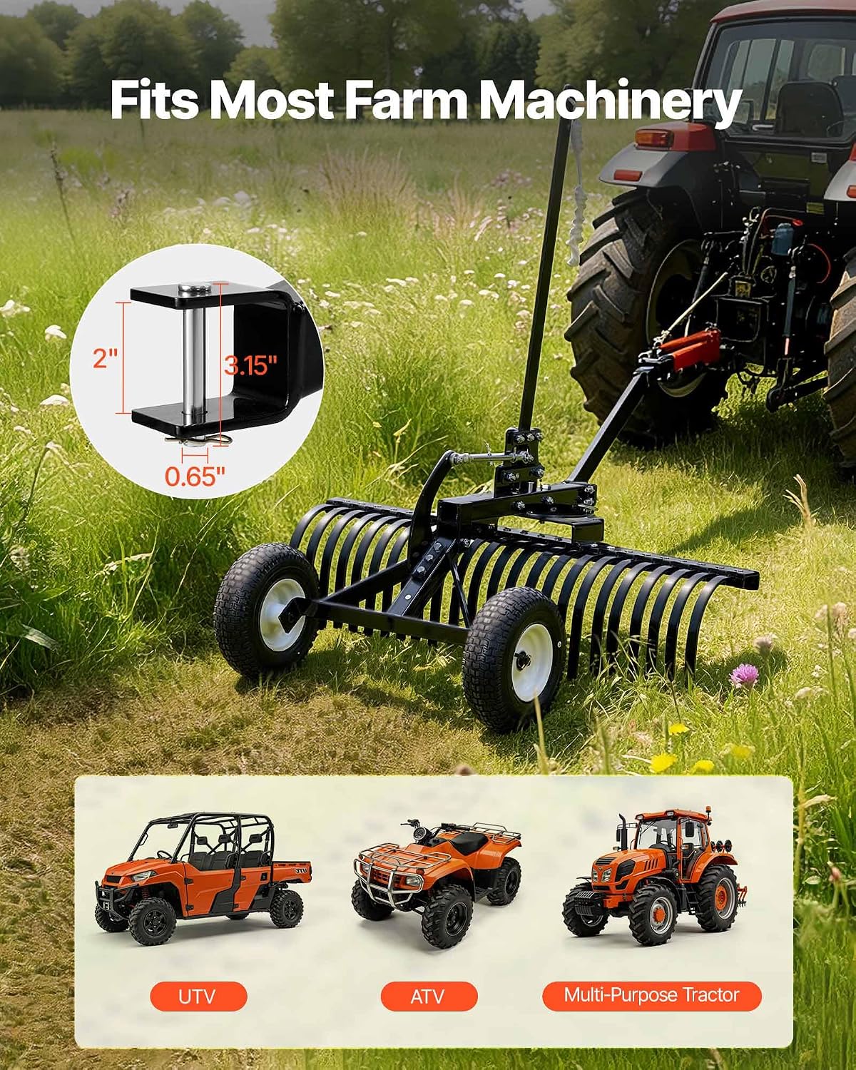 48in Tow Behind Landscape Rake, Pull Behind Lawn Rock Rakes for ATV Mower Tractors, 24 Durable Steel Tines