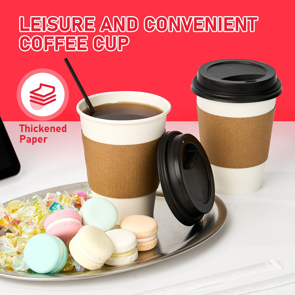 12 oz Paper Coffee Cups with Lids, Sleeves and Sticks 100 Pack