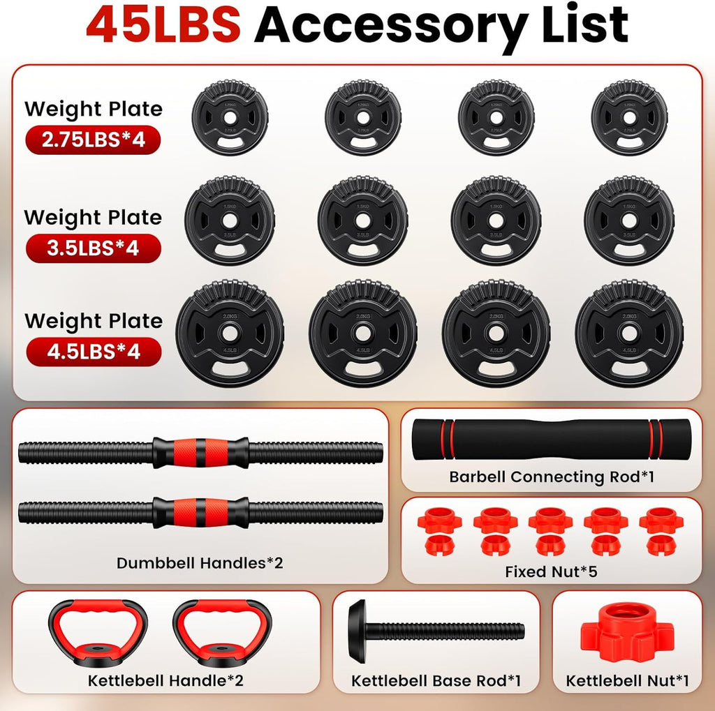 Adjustable Dumbbell Set, 22/33/45/70/90lbs Free Weight Set with Connector, 5-in-1 Dumbbell Set for Barbells