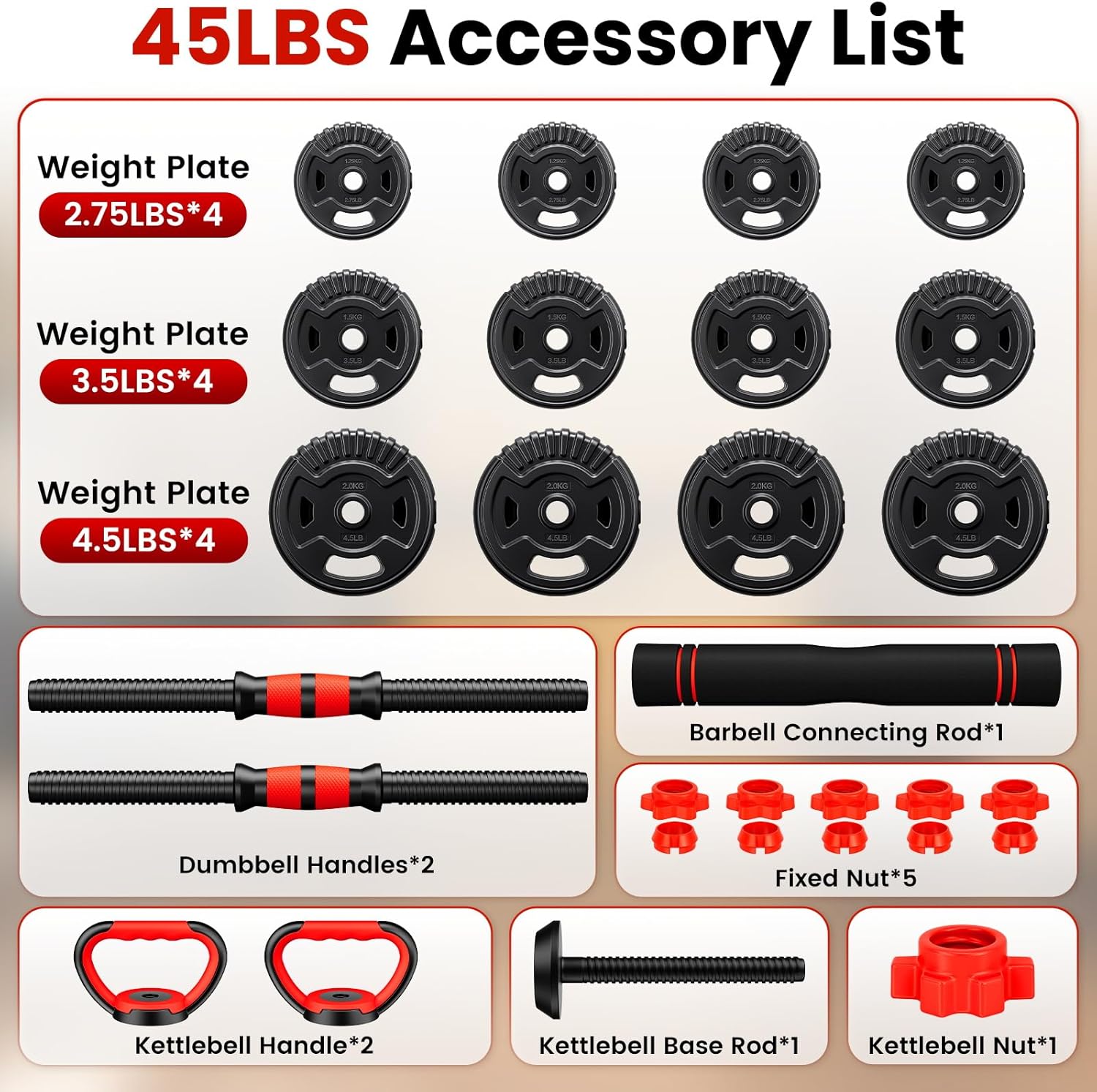 Adjustable Dumbbell Set, 22/33/45/70/90lbs Free Weight Set with Connector, 5-in-1 Dumbbell Set for Barbells