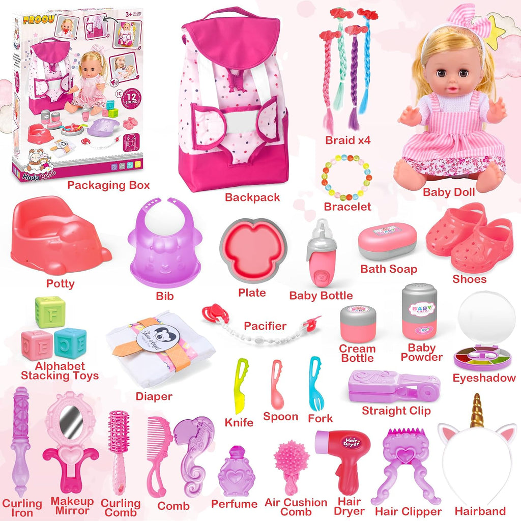 Baby Care Doll Toys Set, 36PCS Dolls Playset, Hair Salon Pretend Play Toddler Doll Toys Incl 14'' Baby Dolls Toy