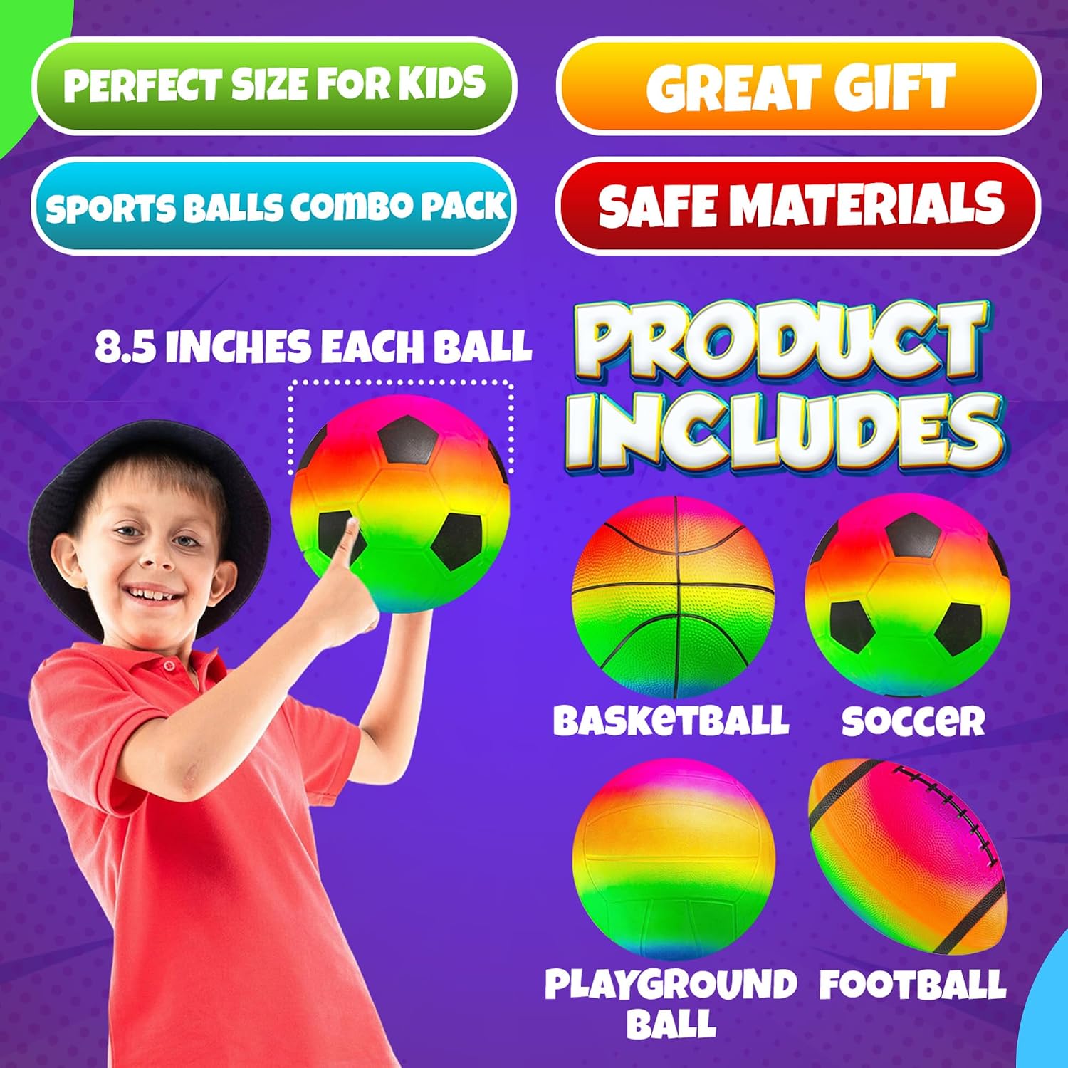 Rainbow Sports Balls for Kids & Toddlers - (Pack of 4) 8.5-Inch Neon Sport Ball Set Includes Football, Soccer