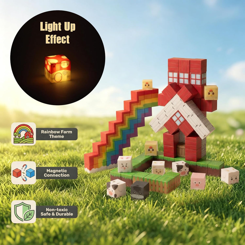 Magnetic Blocks 200PCS with 3 Light-Up Pieces, Rainbow Farm Pals Building Cube Set, STEM Educational Toys for Kids