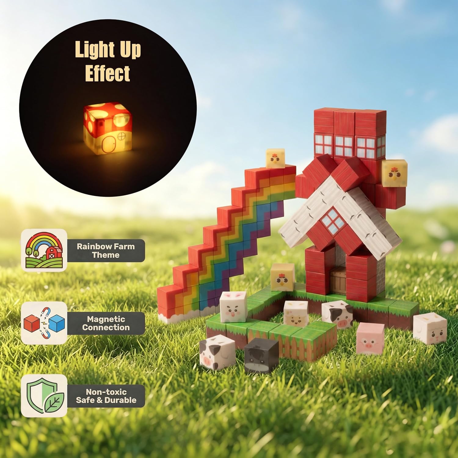 Magnetic Blocks 200PCS with 3 Light-Up Pieces, Rainbow Farm Pals Building Cube Set, STEM Educational Toys for Kids
