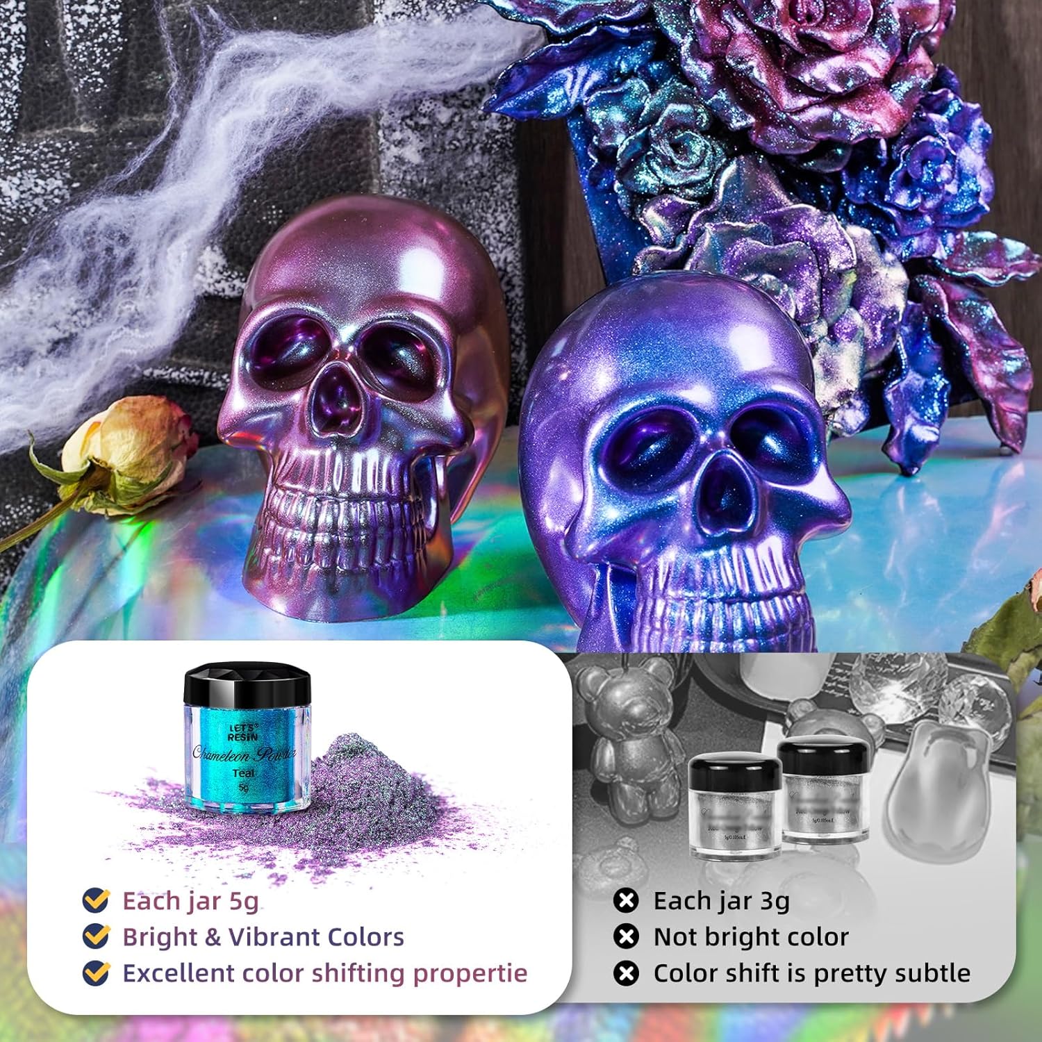 Chameleon Mica Powder, 10 * 5g Color Shift Mica Powder | for Epoxy Resin/Tumbler, Saturated Color Shifting Chrome