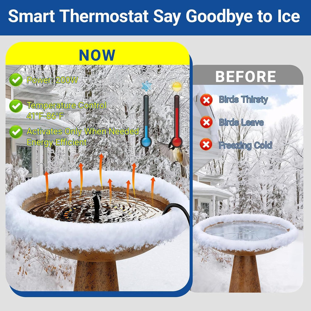 Upgrade Bird Bath Heater De-icer with Fountain Water Pump 200W Heated Bird Baths for Outdoors in Winter