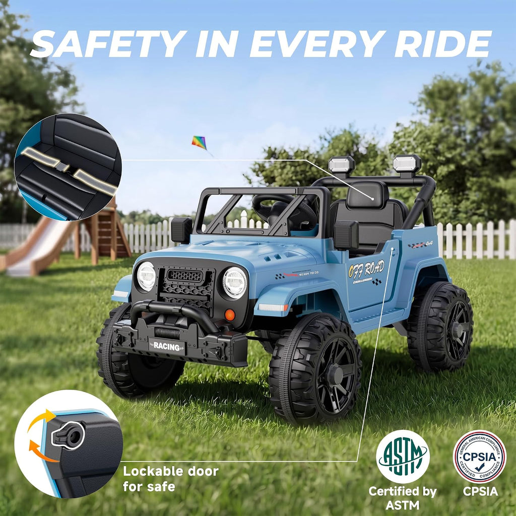 12V Electric Ride On Car, Toddler First Car, Blue | Realistic truck styling, parent remote control, soft start