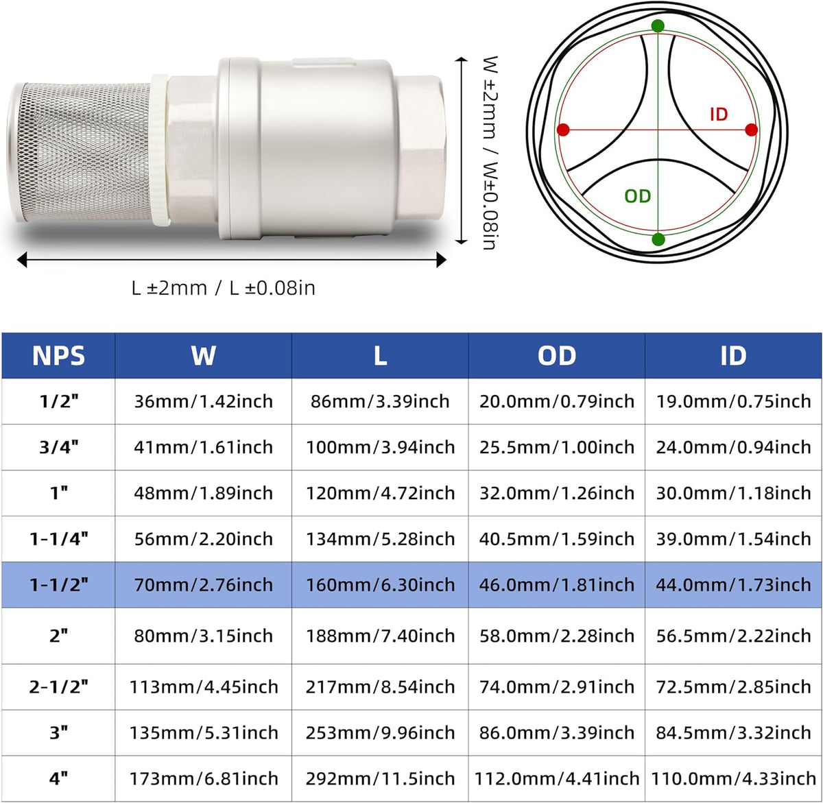 1-1/2" NPT Foot Valve with Filter, Stainless Heavy Duty Female Thread, DN40
