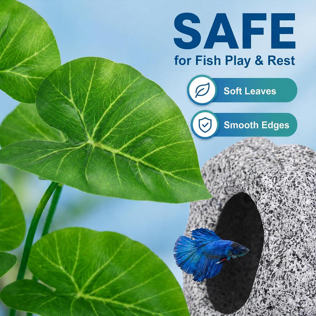 9 Fish Tank Decorations Set Aquarium Decor, Rock Cave Hideout, Artificial Aquarium Plants Plastic Betta Leaf Hammock