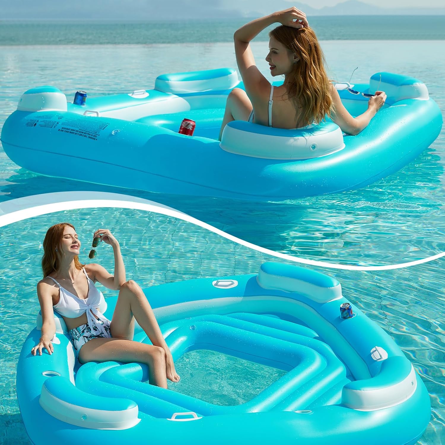 Floating Island Pool Float - Giant Inflatable Multi Person Pool Party Floats Swimming Pool Lounger Raft with Cup