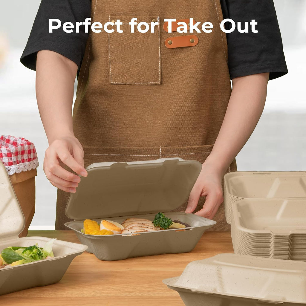 100 Pack 9x6 Compostable To Go Food Containers, Disposable To Go Boxes for Food, Lunch Boxes, Clamshell Take Out