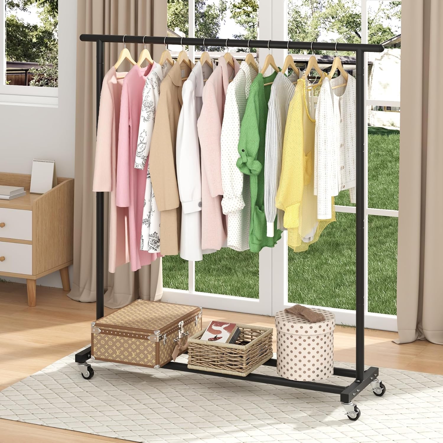Metal Rolling Clothing Rack Adjustable Freestanding Garment Organizer with Wheels, Space-Saving Design for Home