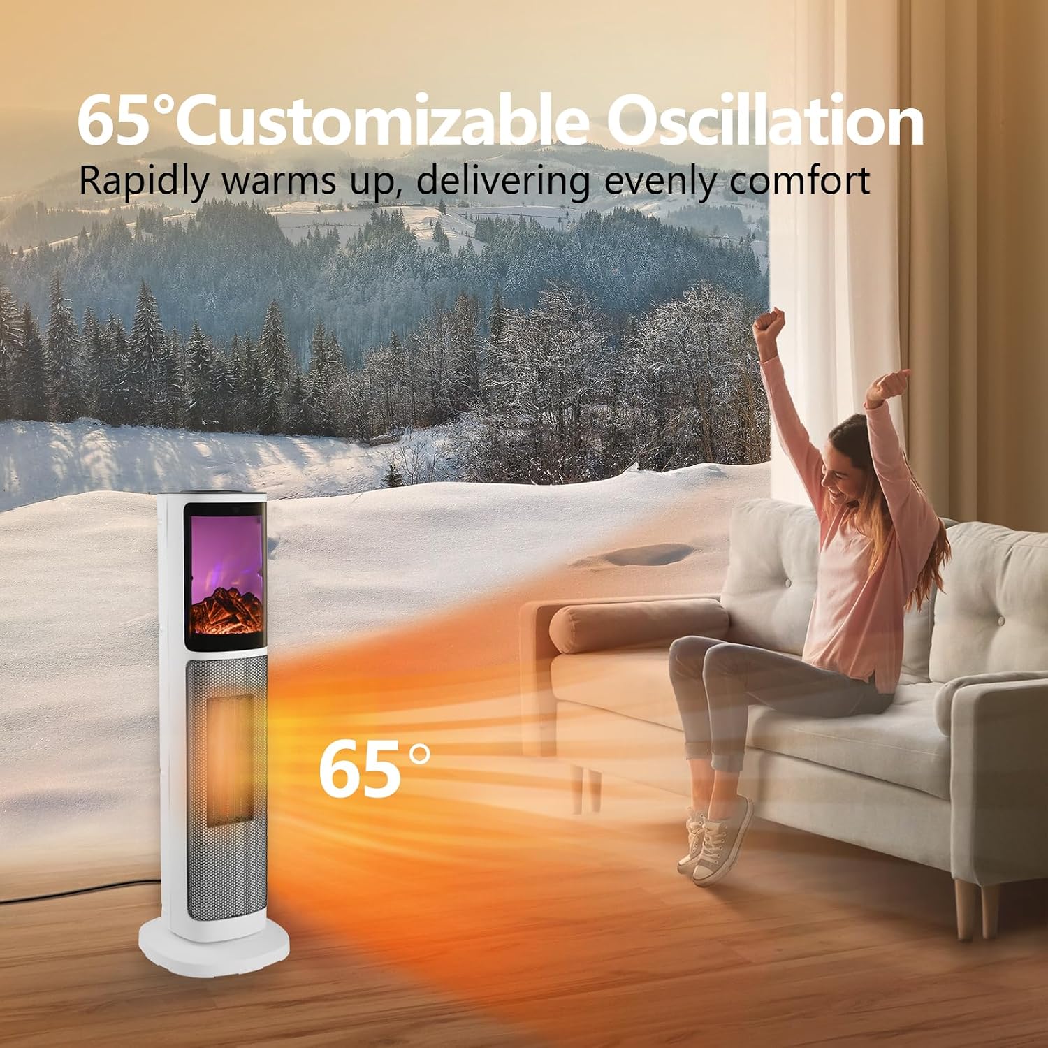 750W/1500W Ceramic Tower Space Heater with 3D Flame, Electric Heater with 65° Oscillation, Adjustable Thermostat and