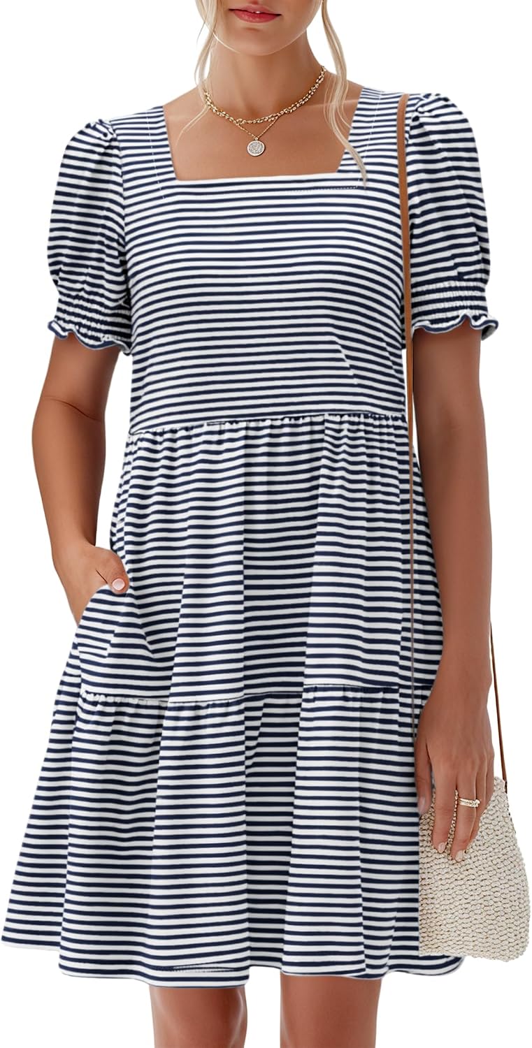 Womens Summer Puff Short Sleeve Square Neck Work Mini Dresses