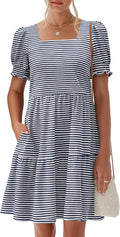 Womens Summer Puff Short Sleeve Square Neck Work Mini Dresses