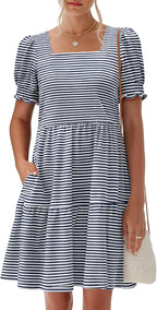 Womens Summer Puff Short Sleeve Square Neck Work Mini Dresses