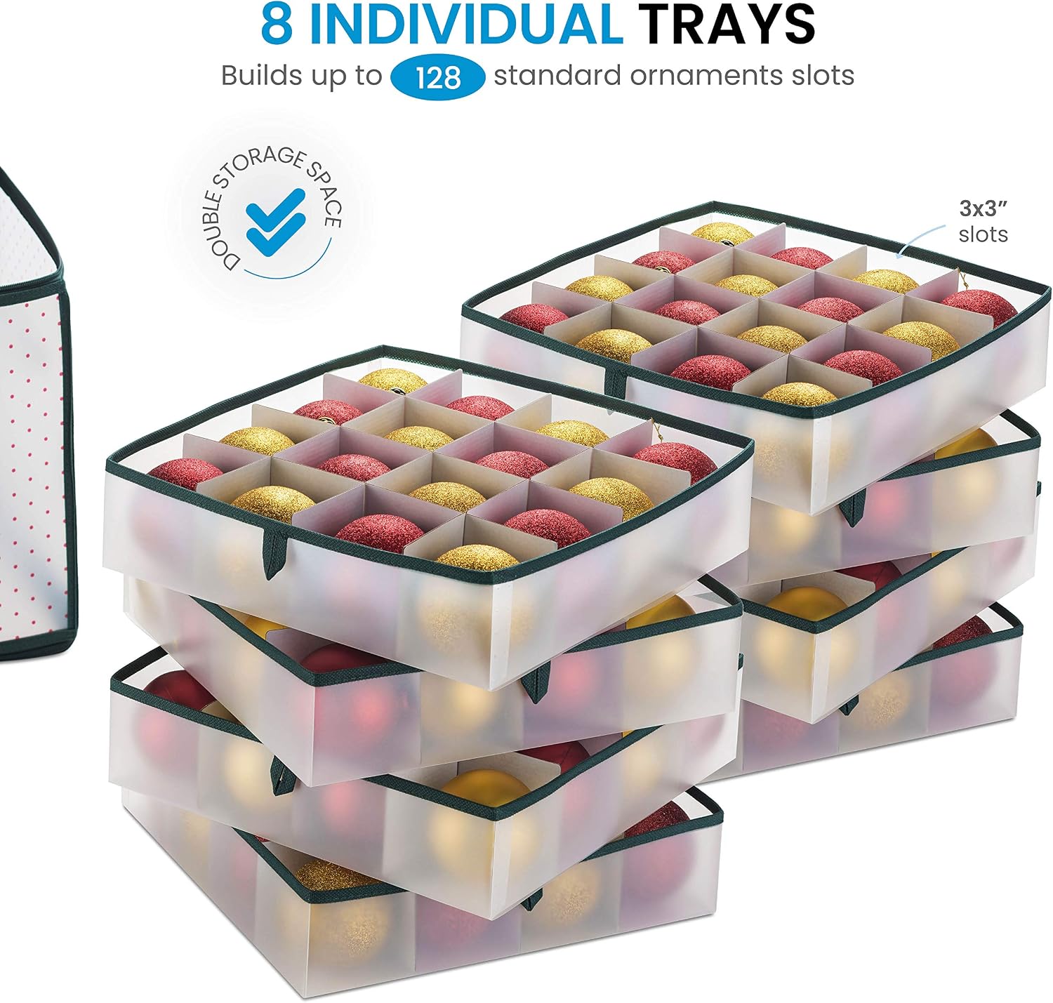 Christmas Ornament Storage Box Plastic - Stores 128 3" Ornaments with Individual Trays - Ornament Organizer Storage