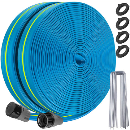 Upgrade Flat Sprinkler Soaker Hose for Garden, Heavy Duty 3-Tube Lawn Irrigation Hose with Landscape Stakes, No-Kink