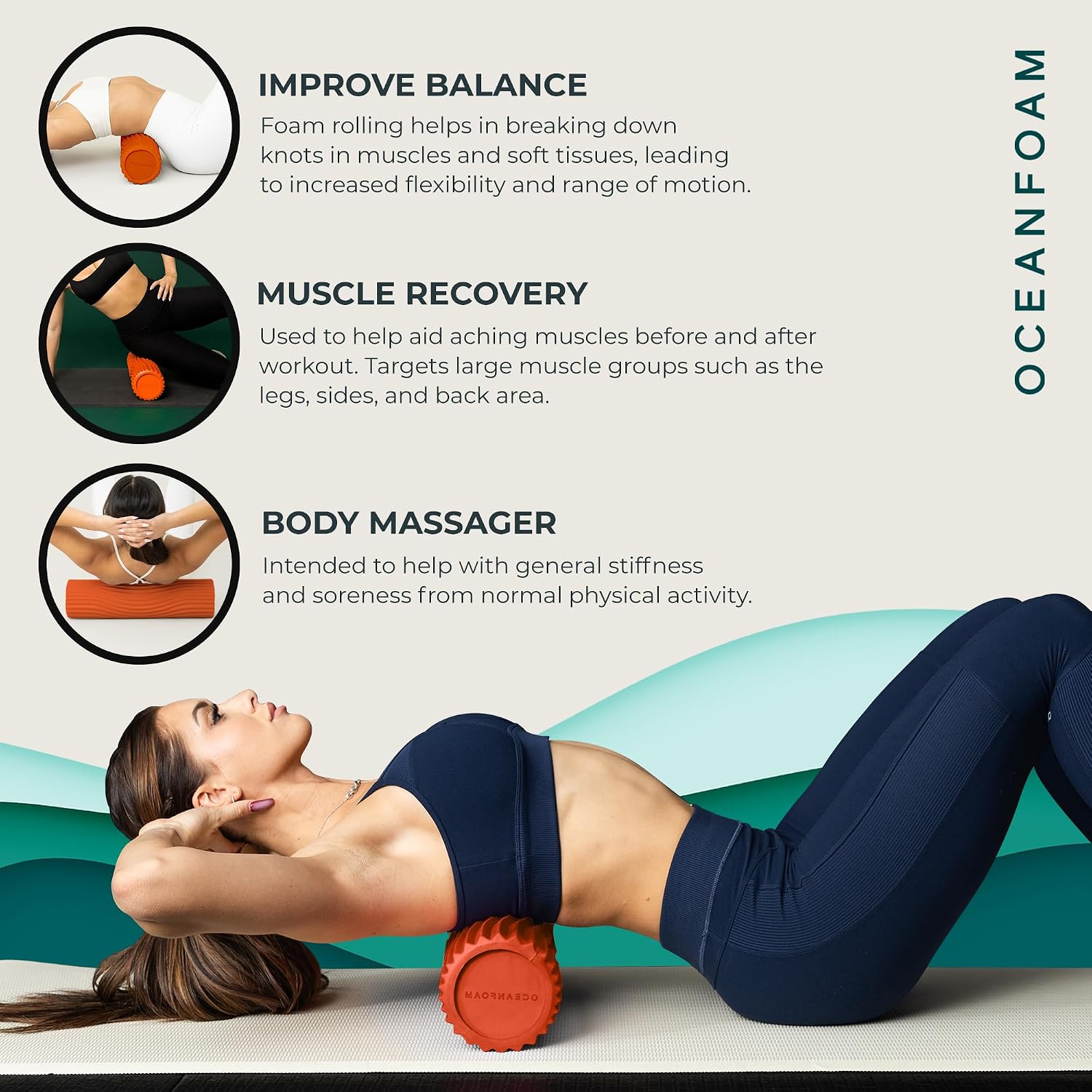Tidal Roller - Orange - Muscle Massage Foam Roller for Back Pain & Stretching - Firm and Ergonomic Wide Wave Textured
