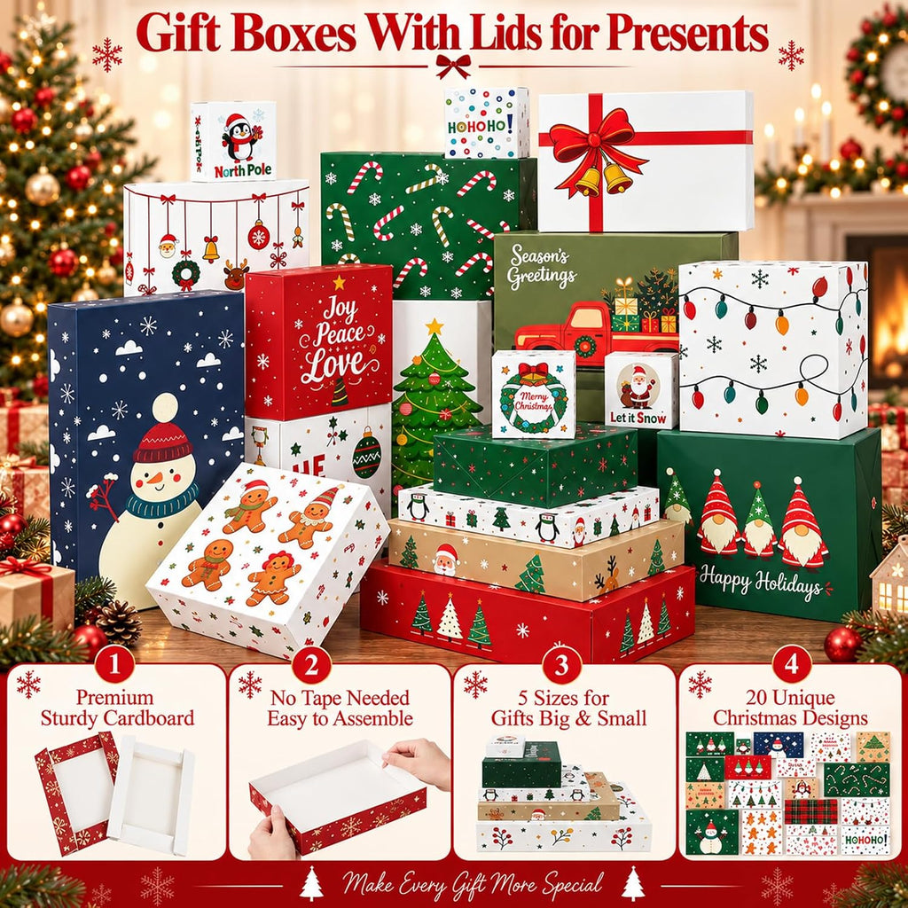 20 Pack Christmas Gift Boxes with Lids, 5 Sizes, 20 Festive Designs