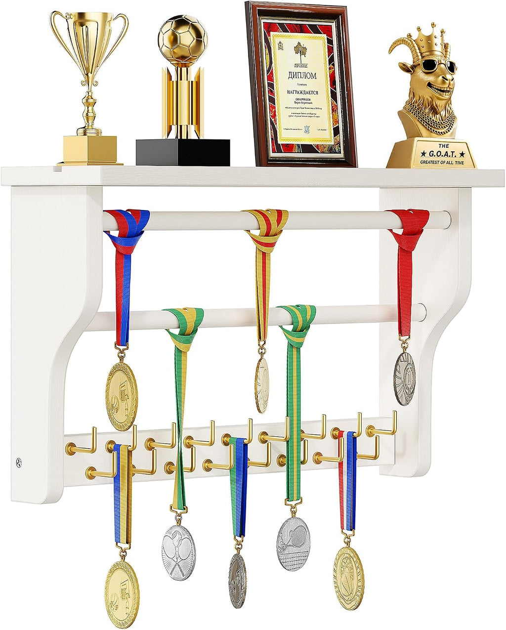 Medal Hanger Display, 3-Tier Solid Wood Trophy Shelf Rack | Medal Holder,2 Medal Bars,17 Metal Hooks,Heavy Duty