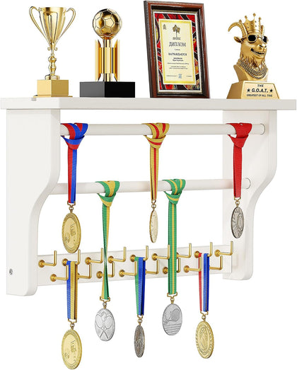 Medal Hanger Display, 3-Tier Solid Wood Trophy Shelf Rack | Medal Holder,2 Medal Bars,17 Metal Hooks,Heavy Duty