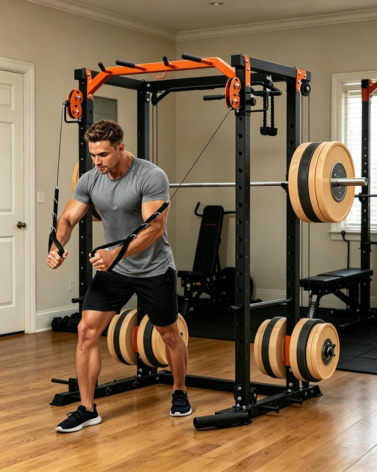 Power Cage, Power Rack with Cable Crossover System, 2000LBS Squat Rack with LAT Pull Down System, Workout Cage with