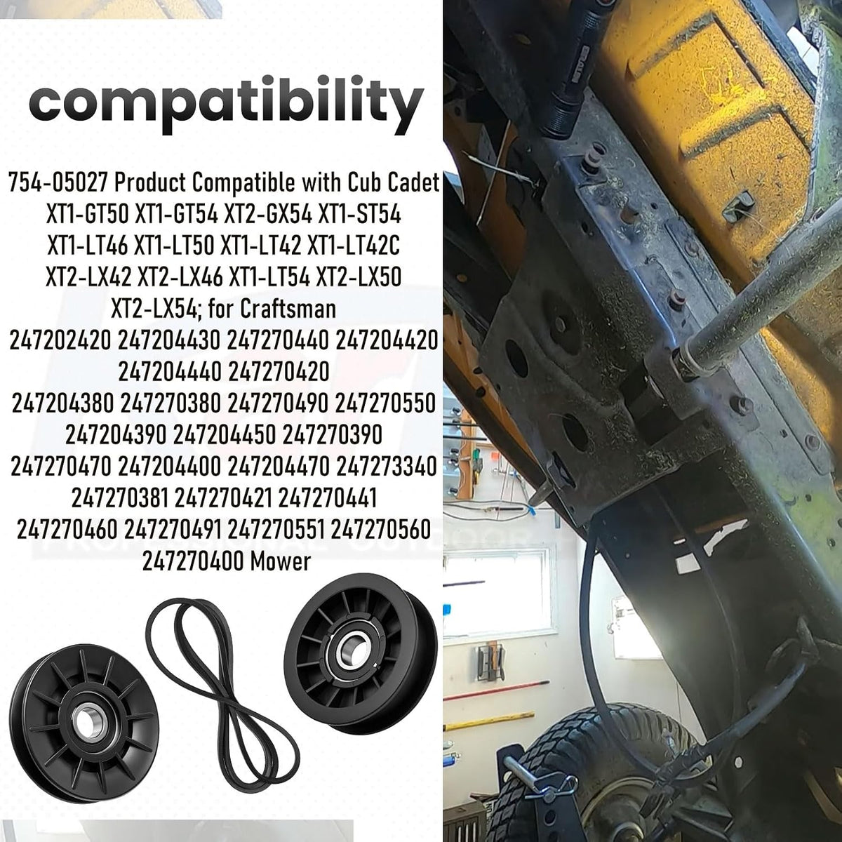 756-05024 V Idler Pulley & 756-05032 Flat Idler Pulley & 754-05027 (1/2" X 91") Tractor Drive Belt Compatible with Cub Cadet Mtd Gt50 Gt54 Lt42 Gt Xt1 Xt2 Zt1 Zt2